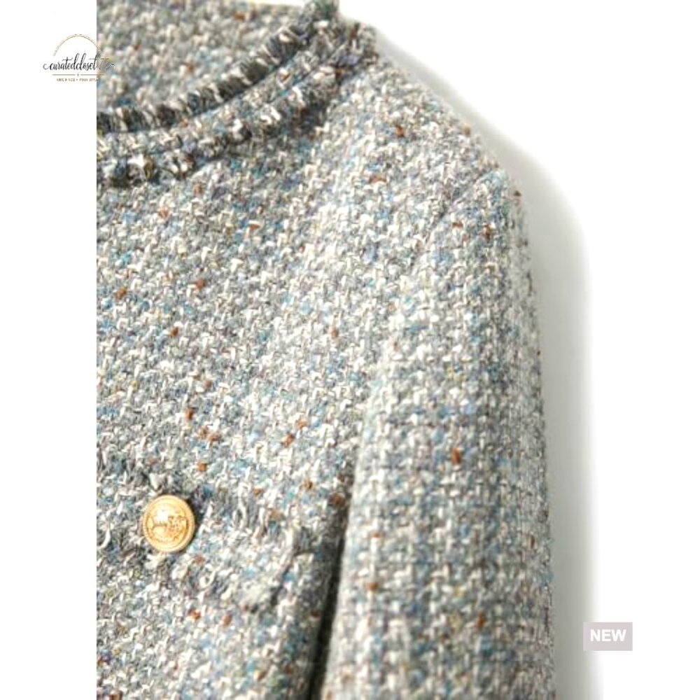 Tweed Blazer Jacket Button Down Collarless Office… - image 5